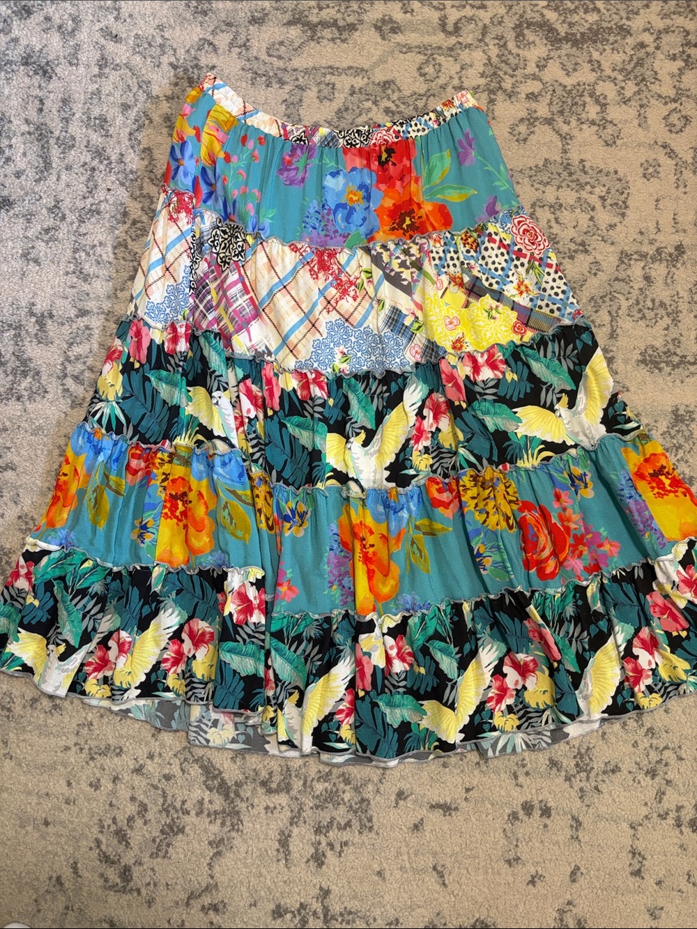 John Mark Boho Teal Floral Patchwork Tiered Maxi Skirt